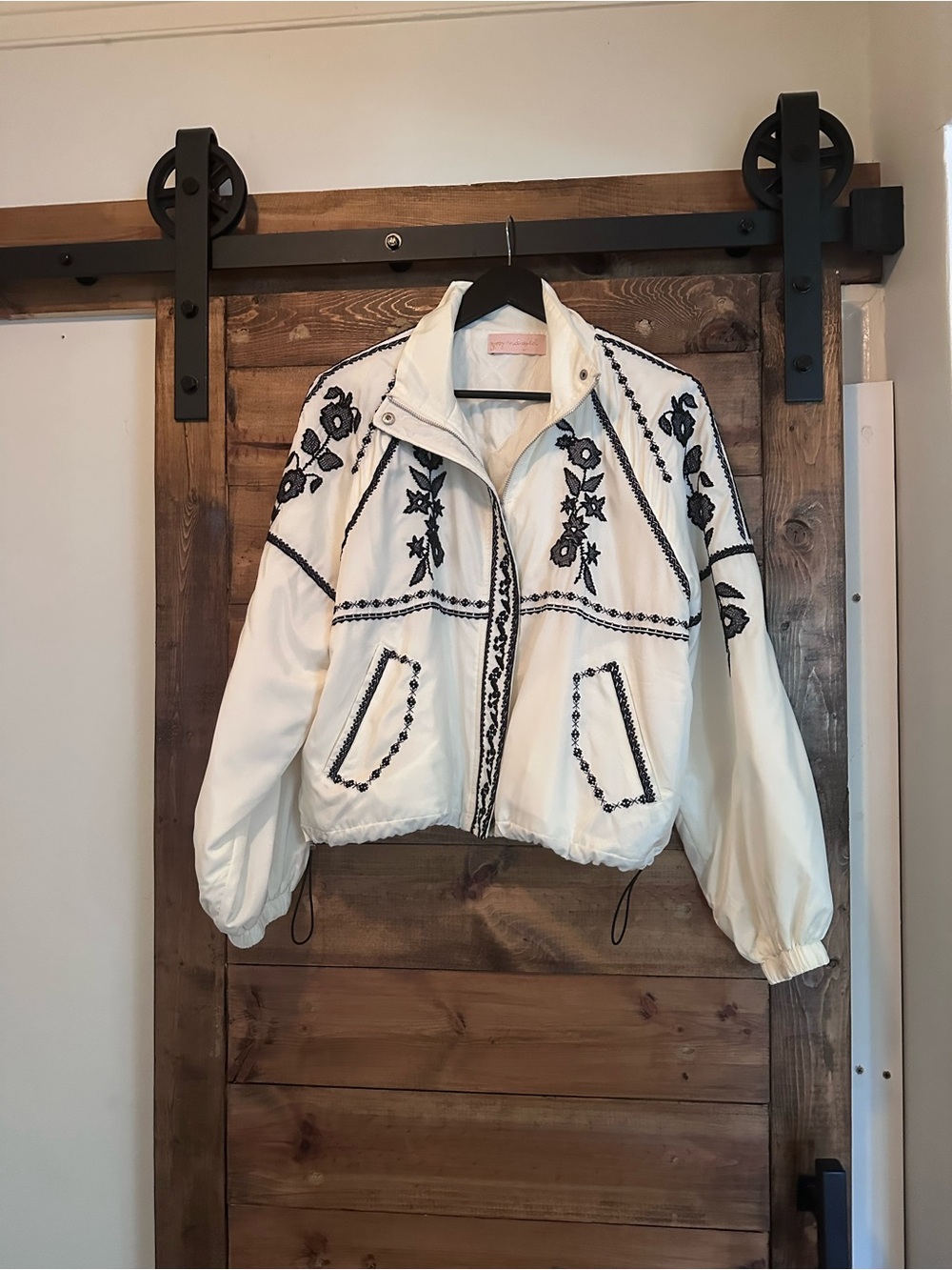 Women's Embroidered Bomber Brayden  Jacket white with Black Floral Detail